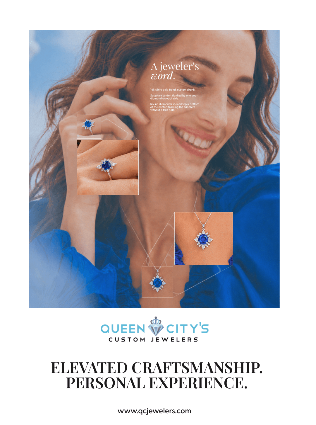 Queen City's Custom Jewelers ad with sapphire ring and pendant callouts, headline Elevated Craftsmanship, Personal Experience